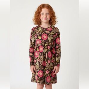 MINI BODEN RETRO PINK FLORAL‎ PRINT OONG SLEEVE DRESS CREW-NECK FIT & FLOWY EUC